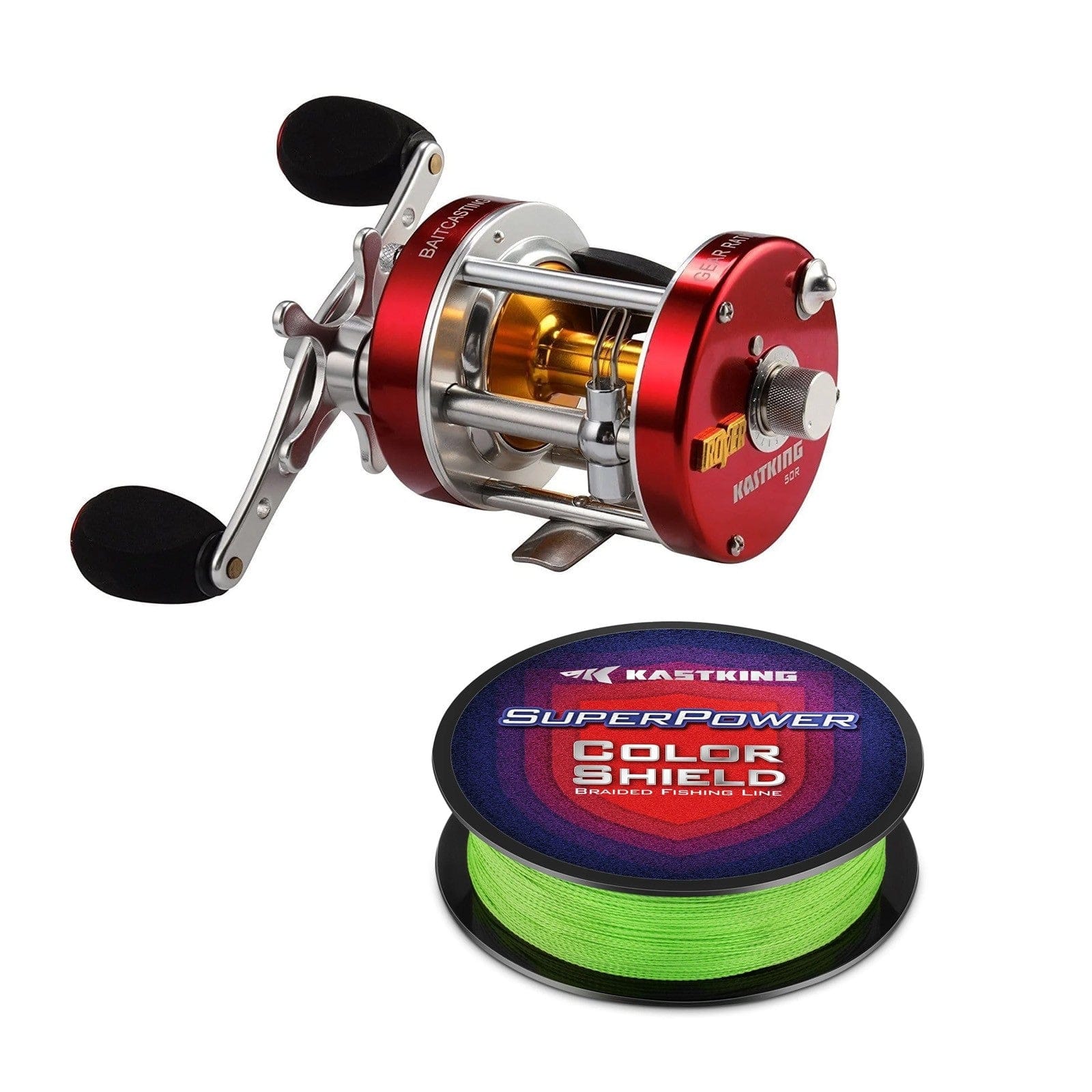KastKing Rover Round Baitcasting Reel and SuperPower ColorShield Braided Fishing line (Random Color) Combo
